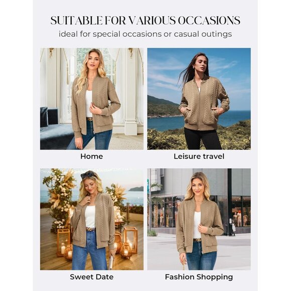 Women Khaki Lightweight Bomber Jacket Stand Collar Zip Up Fall Casual Coat - Picture 6 of 6